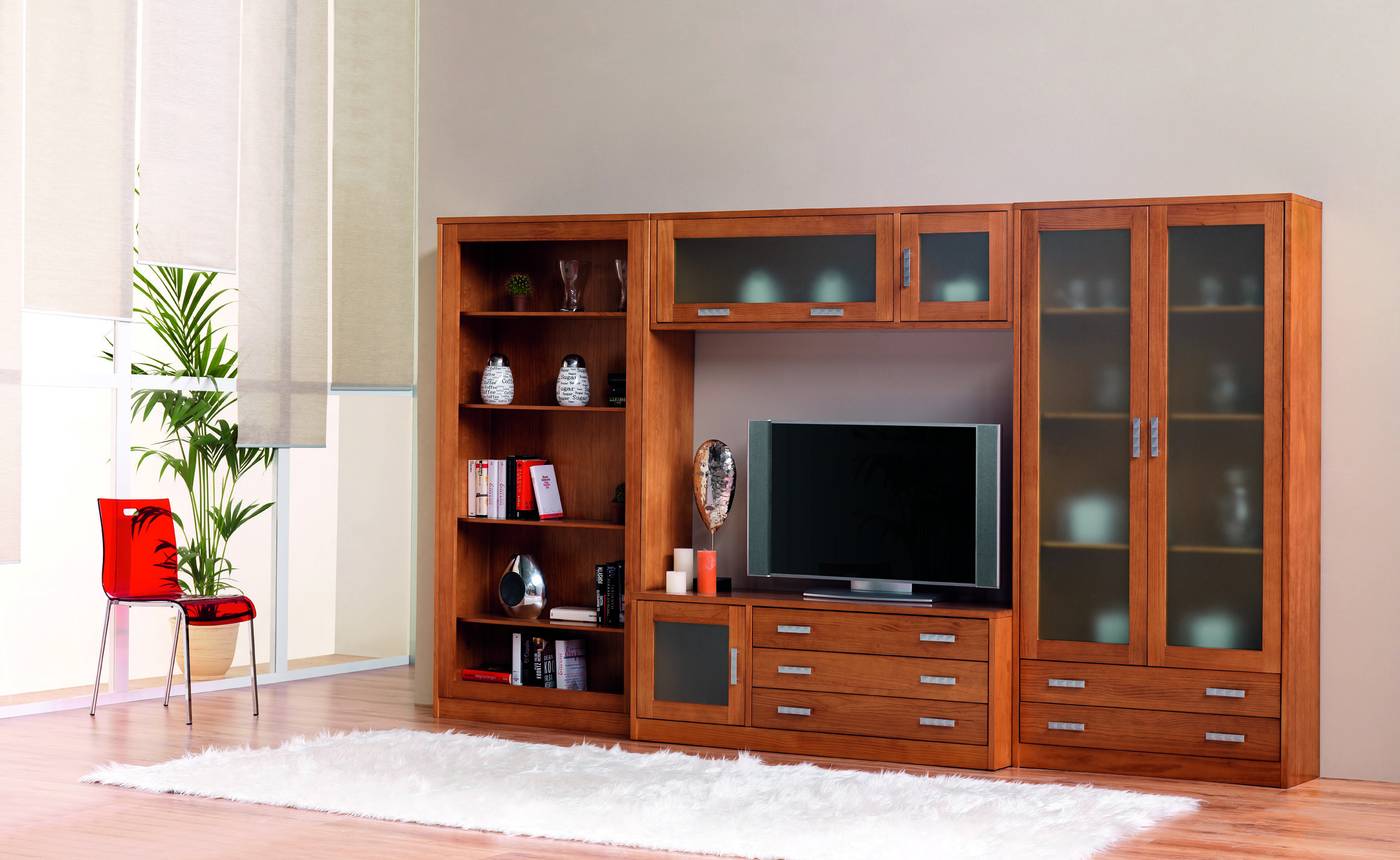 Composición salón comedor con mueble TV, módulo alto y vitrina HORA