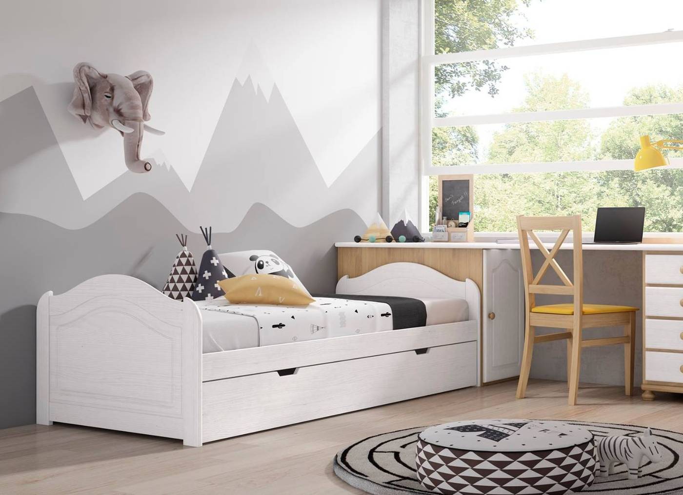 Dormitorio Juvenil fabricado en madera de pino con cama individual