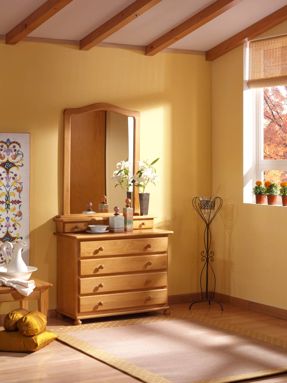 Mueble joyero madera con espejo y 4 cajones en acabado roble