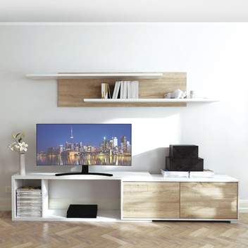 Composición Portland Bl-Cambrian - Modular comedor/salón de color Blanco combinado con roble cambrian. Modulo 2 puertas con soporte TV y estante doble pared.