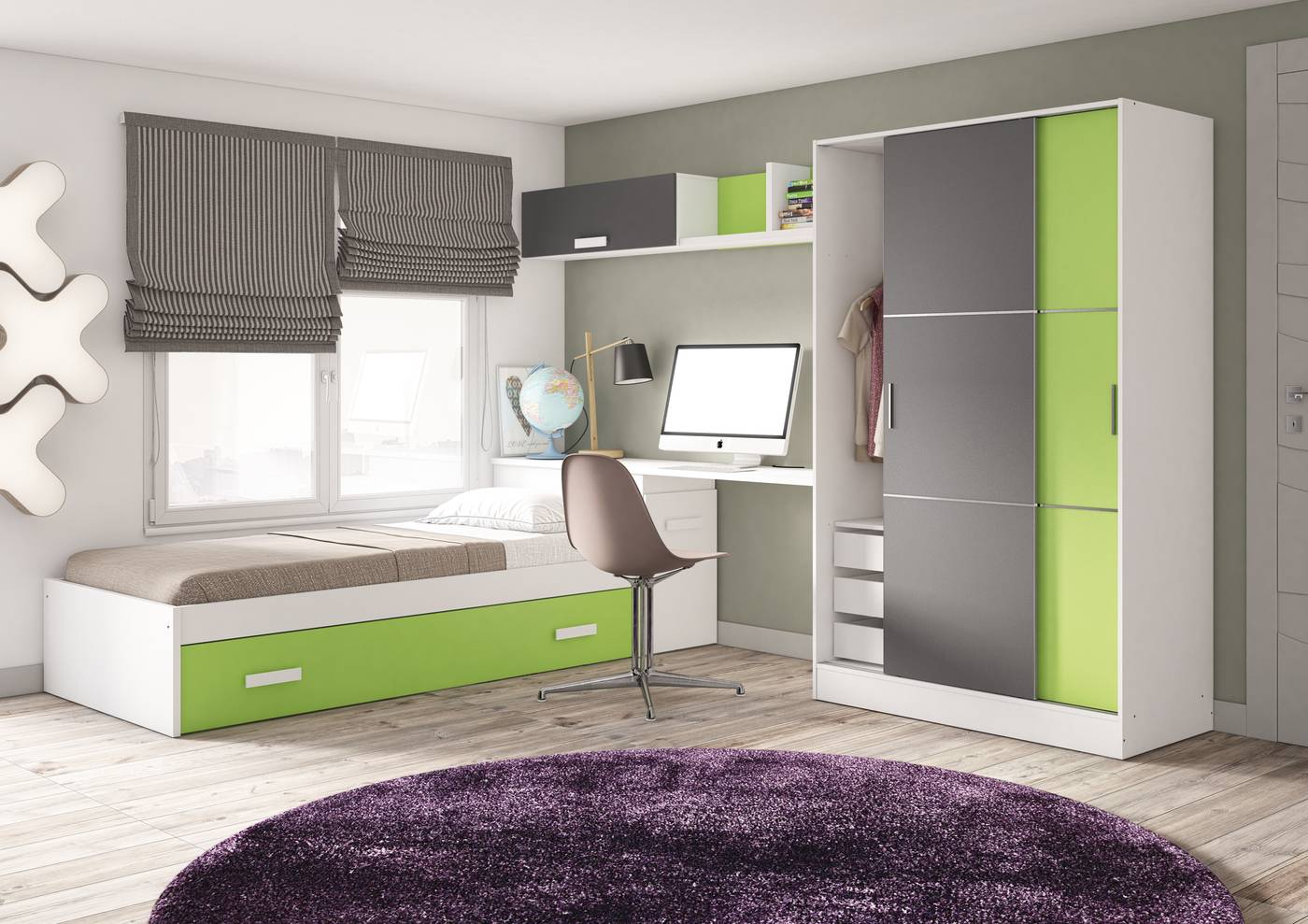 Dormitorio juvenil con armario - Verde Limon