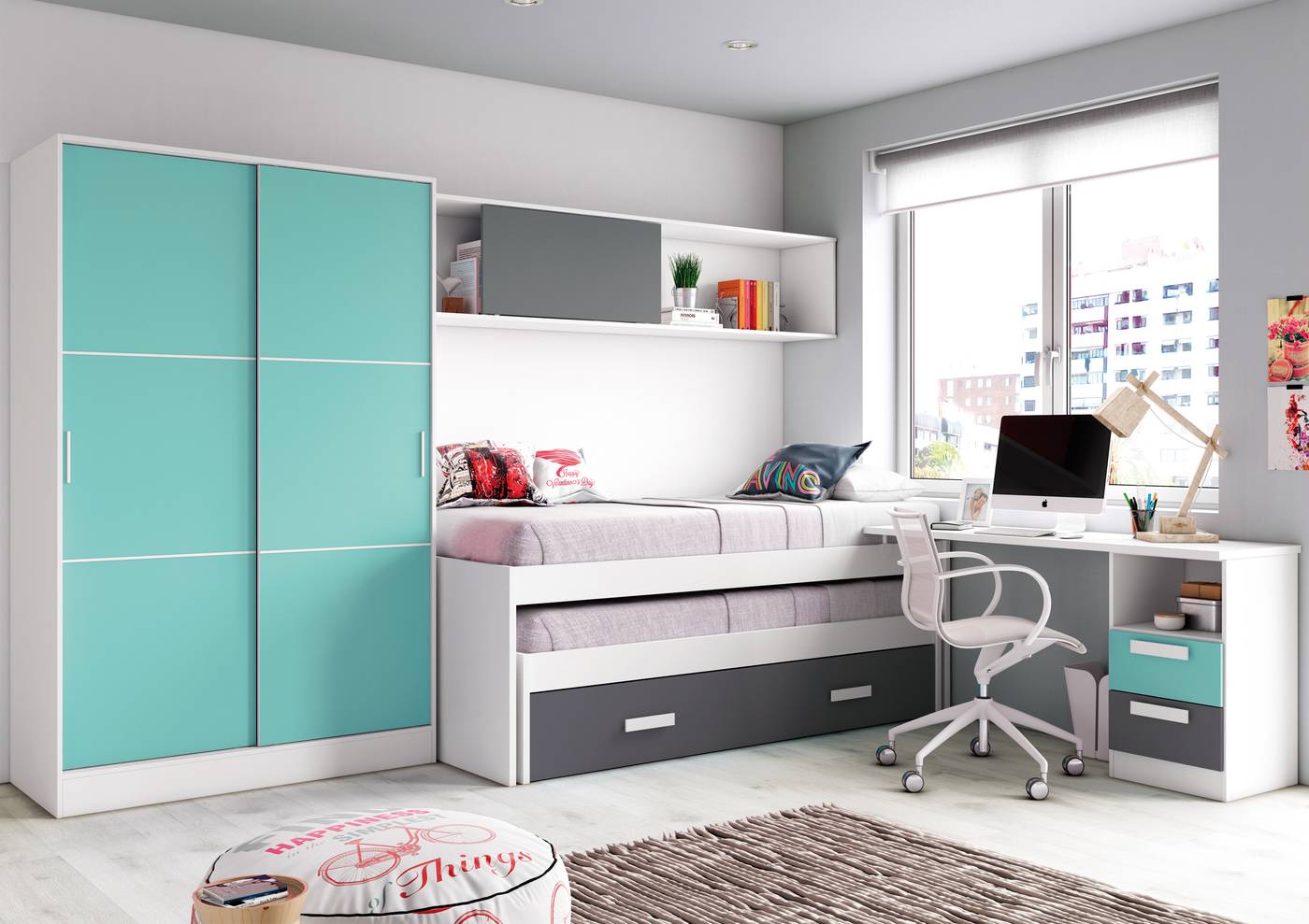 Dormitorio juvenil con compacto con deslizante, armario y escritorio.
