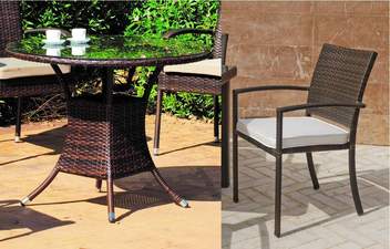 Conjunto mesa ◯90 + 4 sillas de ratán [Bahia] de Hevea - Conjunto de ratán sintético color marrón para jardín o terraza: mesa redonda de 90 cm. y 4 sillones con cojín