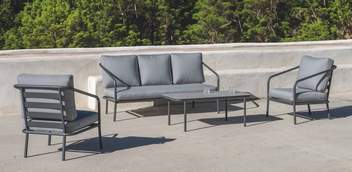 Set aluminio: sofá 3p + sillones + mesa [Alexis] de Hevea - Conjunto de aluminio para jardín: 1 sofá 3 plazas + 2 sillones + 1 mesa de centro. Estructura aluminio color blanco, antracita, champagne, plata o marrón.