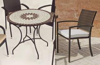 Set mesa mosaico ◯90 + 4 sillones de ratán [Bahia] de Hevea - Conjunto de forja color marrón para jardín o terraza: mesa con tablero mosaico de 90 cm + 4 sillones de ratán sintético con cojines.
