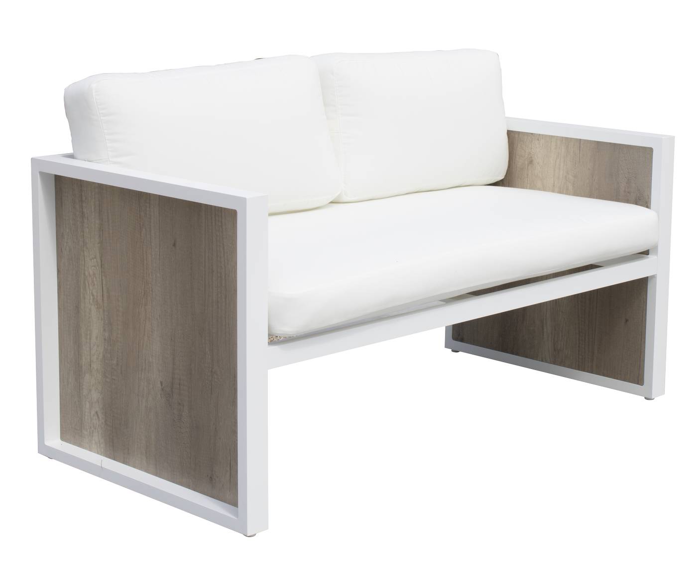 Sofá 2 plazas para exterior, de alumino color blanco y HPL color maderma, con cojines confort desenfundables.