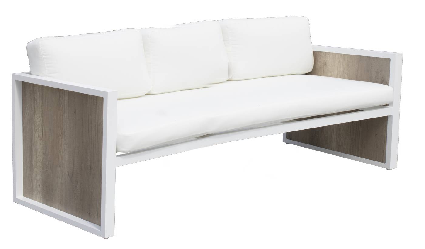 Sofá 3 plazas para exterior, de alumino color blanco y HPL color maderma, con cojines confort desenfundables.