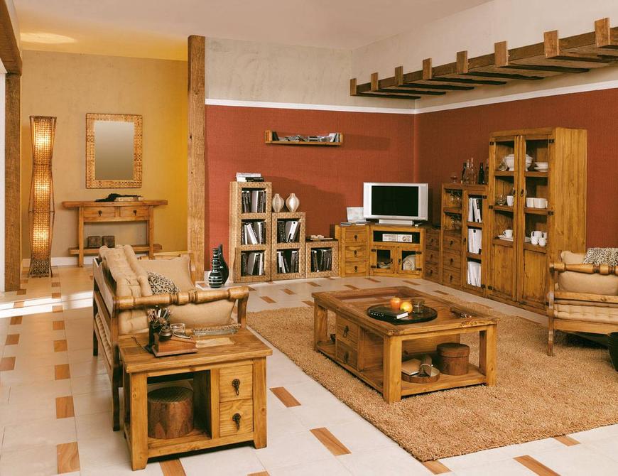 Mueble de comedor con vitrina + estanterías + mesa de centro en color  madera natural - Hermógenes